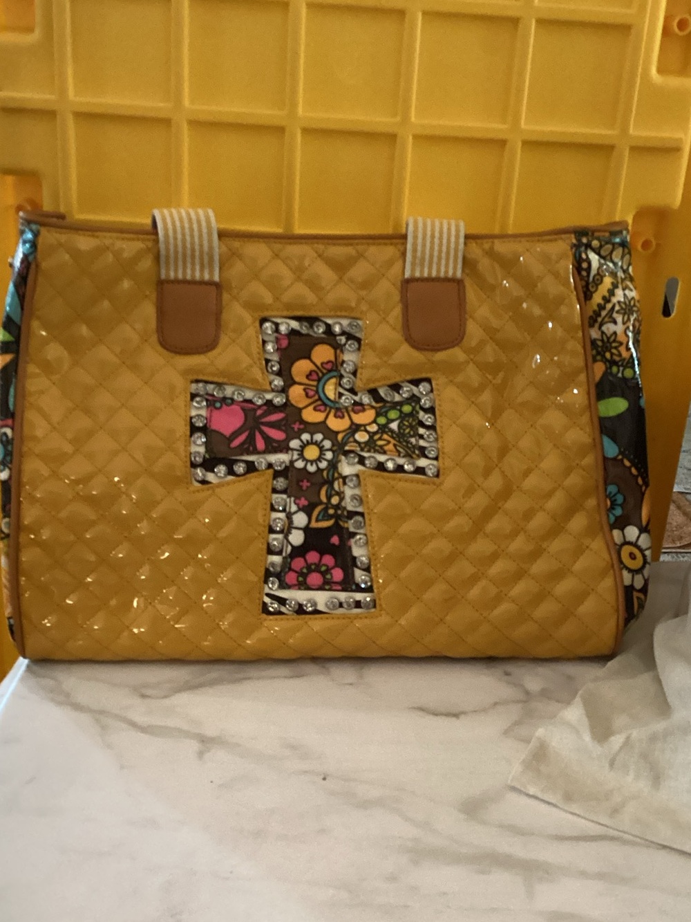 Quilted Yellow Floral Cross Accent Tote Bag